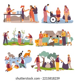 People volunteering and helping senior person. Caring for environment, planting trees and cooking for homeless. Cleaning garbage in park and feeding cats and dogs animals. Vector in flat style