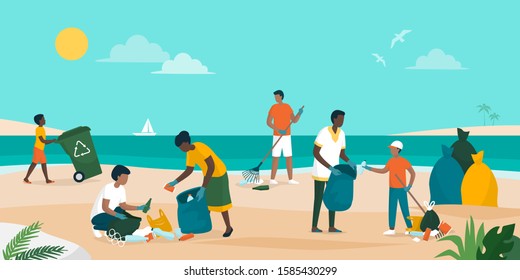 People Volunteering Together And Cleaning Up The Beach, They Are Collecting And Separating Waste, Environmental Protection Concept