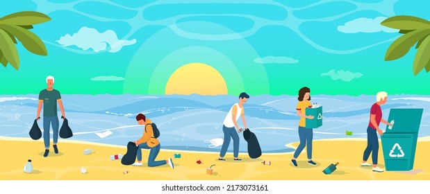 People volunteers clean beach from waste vector illustration. Team of adults and teenager pickup rubbish into bags and trash can together. Environment protection, ecology and save nature concept