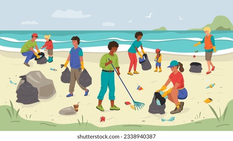 People volunteers clean up garbage on the beach by the sea. Polluted sea beach. Sustainability practices. Vector stock illustration.