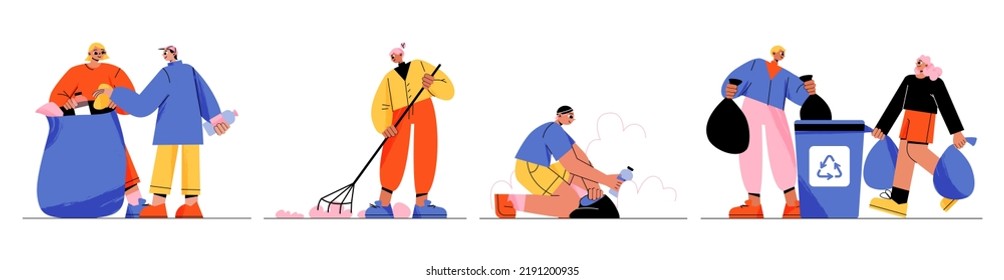 People volunteers clean nature park, beach or city from trash. Vector flat illustration of persons collect garbage in bags and containers for recycle. Concept of ecology, environment care