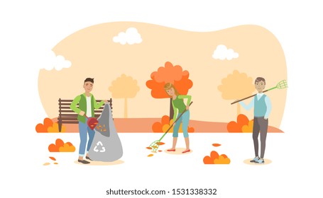 People Volunteers Cleaning up Autumn Leaves in the City Park Vector Illustration