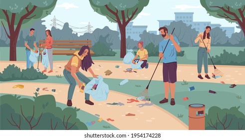 People volunteers cleaning up city park flat cartoon characters. Vector team of active adults and kids pickup rubbish into bags. Environment protection. Man woman collecting garbage together use rake