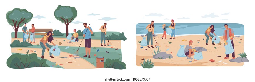 People volunteers cleaning up city park and beach from wastes, flat cartoon design. Vector team of adults kids pickup rubbish into bags. Environment protection. Man woman collecting garbage together