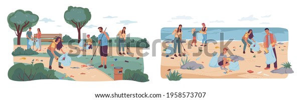 People volunteers cleaning up city park and\
beach from wastes, flat cartoon design. Vector team of adults kids\
pickup rubbish into bags. Environment protection. Man woman\
collecting garbage\
together