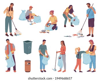 People volunteers cleaning up from wastes, pickup garbage into bags, dust bins, flat cartoon characters design. Vector team of adults and kids protect environment. Man woman collecting trash together