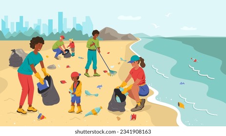 People volunteers on the sea beach collect garbage and waste in bags. Caring for the environment. Vector stock illustration.