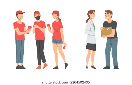 People volunteers in red uniform set. Help, social care and charity concept cartoon vector illustration