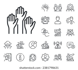 People vote by hand sign. Specialist, doctor and job competition outline icons. Voting hands line icon. Public election symbol. Voting hands line sign. Avatar placeholder, spy headshot icon. Vector