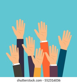 People vote hands. Raised hands volunteering. Flat design modern vector illustration concept.