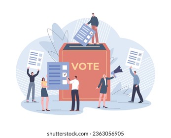 People vote. Polling and electoral system, political democracy election. Box for ballots, candidate lists. Citizen referendum or survey kicky vector scene