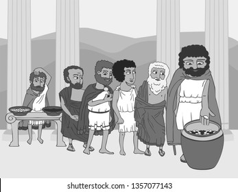 People Voting In Ancient Greece Polis, Black And White Funny Cartoon Vector Illustration Of Democracy Origins