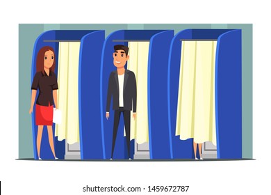 People in voting booth flat vector illustration. Citizens cartoon characters at presidential election polling station. President, city, town mayor candidate choosing. Female voter with ballot