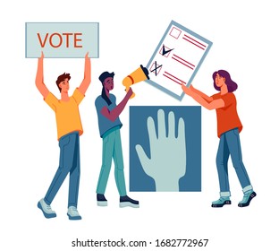 People voting - democracy and the concept of political rights. Online referendum and election choices. Citizens vote in political elections. Vector flat cartoon illustration isolated.