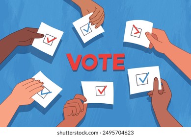 People voting. Different hands hold papers with votes.Election day illustration