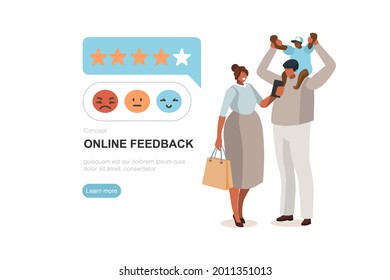 People сharacter voting five star feedback. Clients satisfaction evaluation. Customer service and user experience concept. Flat cartoon vector illustration.