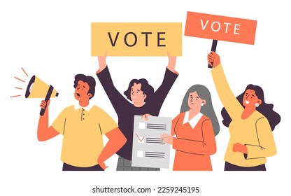 People voting holding ballot box and calling for vote. Group of people for election campaign topic, flat cartoon vector illustration isolated on white background.