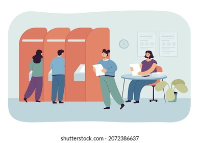 People voting in modern automated booth with machine. Polling station with government representative, male and female voters flat vector illustration. Political election campaign, vote concept