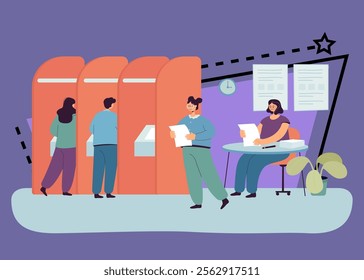 People voting in modern automated booth with machine. Polling station with government representative, male and female voters flat vector illustration. Political election campaign, vote concept