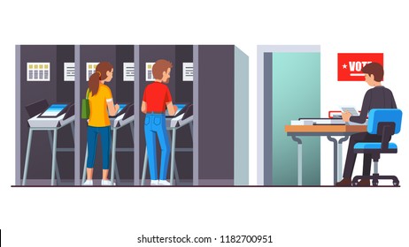 People voting at modern voting station standing in booth making choice using modern automated counting machine. Balloting watcher working at desk.  Flat style vector isolated illustration