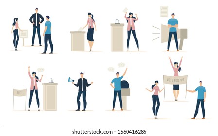 People Voting on Democratic Elections, Taking Part in Political Rally, Elections Candidates Agitating Voters, Making Public Speech, Voters Puts Bulletin in Ballot Box Trendy Flat Vector Illustrations