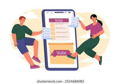 People with voting online. Man and woman near smartphone with voting. Politics and democracy, freedom of choice. Elections and referendum. Flat vector illustration isolated on white background