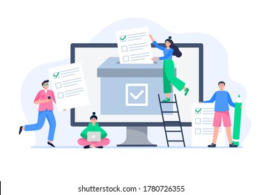 People voting online. Men and women throw voting lists to an electronic ballot box. Online voting, freedom of choices, democracy concept. Flat vector illustration.