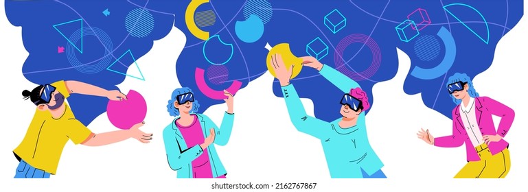 People in VR digital glasses interacting in augmented reality and metaverse space with geometric shapes. Experience of metaverse or virtual reality, flat vector isolated on white background.