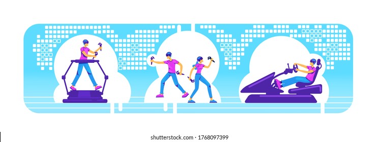 People with VR equipment 2D vector web banner, poster set. Gamer with AR devices flat characters on cartoon background. Simulator for entertainment. Player with technology colorful scene