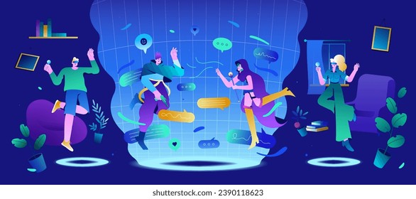 People in VR glasses communicate in metaverse. Characters floating in futuristic space with neon light. Future innovations, augmented and virtual reality communication flat vector illustration.