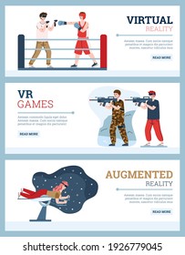 People with vr glasses and digital headsets play in computer game in augmented virtual reality. Using computer technology for cyber entertainment or education. Vector banners.