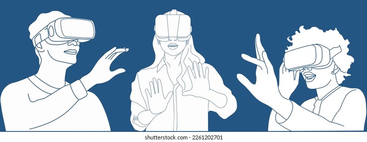 People in VR glasses. Illustrations of woman and man in VR glasses. Suitable for web and print use. VR set. Virtual reality glasses.