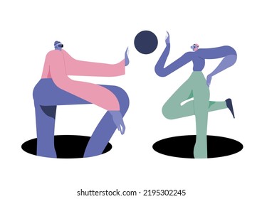 People in vr glasses are jumping from outer space. Search, explore concept. Flat graphic vector illustration isolated on white background.