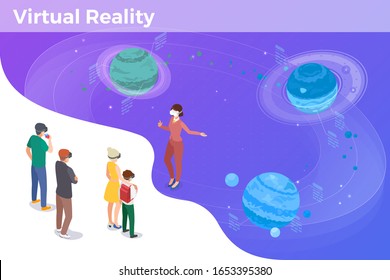 People in VR glasses learn study Space with Virtual Reality technology Isometric Flat vector illustration.