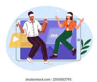 People in VR glasses. Man and woman with controllers wearing virtual reality glasses. Modern technologies and innovations. Friends in cyberspace and metaverse. Flat vector illustration