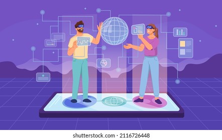 People in vr glasses part of metaverse universe. Vector man and woman using smartphones and futuristic devices for communication and interaction with future world. Flat cartoon style character