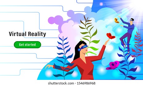 People with VR glasses playing with butterflies among the plants. Fantastic colorful flat style vector illustration virtual reality.