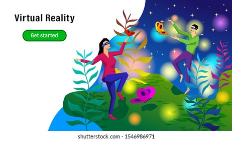 People with VR glasses playing with butterflies among the plants. Fantastic colorful flat style vector illustration virtual reality.
