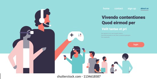 people in vr glasses playing controller gamepad couple in virtual reality headphones team flat copy space horizontal vector illustration - Powered by Shutterstock - Get 15% off with code: PIKWIZARD15
