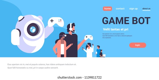 people in vr glasses playing game bot controller gamepad in virtual reality headphones team flat horizontal copy space vector illustration