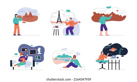 People in VR goggles exploring different countries in virtual reality, flat vector illustration isolated on white. Set of cartoon characters wearing metaverse glasses and traveling the world.