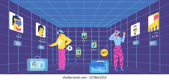 People in VR headset in metaverse art gallery buying nft art flat vector illustration. Collectors with briefcases with NFT portfolio in virtual art gallery. Investment in nft concept.