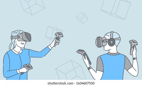 People in VR headsets cartoon illustration. Two girls playing virtual reality game together, enjoying videogame flat characters with outline. Female gamers, players with wireless controllers