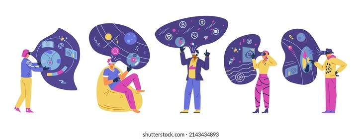 People in VR headsets in metaverse flat vector illustartions set. Men and women in virtual reality filled with abstract objects, crypto currencies, holograms.