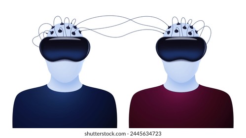People in VR helmets are connected to each other by wires. Information sharing concept. Vector illustration.
