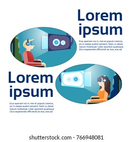 People In Vr Simulator Wearing 3d Goggles Virtual Reality Technology Concept Template Banner With Copy Space Vector Illustration