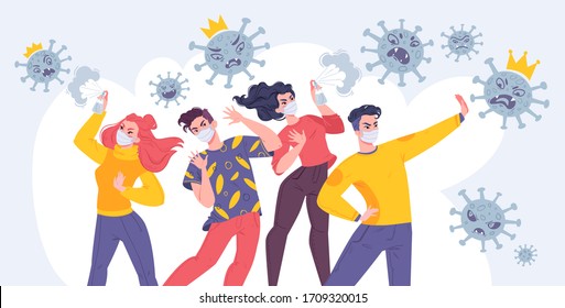 People vs Coronavirus epidemic. Vector illustration, banner for social networks in flat cartoon style. Respiratory disease, virus spread theme. Angry viruses try to attack masked people characters.