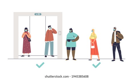 People wait for elevator in covid-19 epidemic. New normal, coronavirus and social distance concept with cartoons in medical masks stand distant in line for lift. Vector illustration