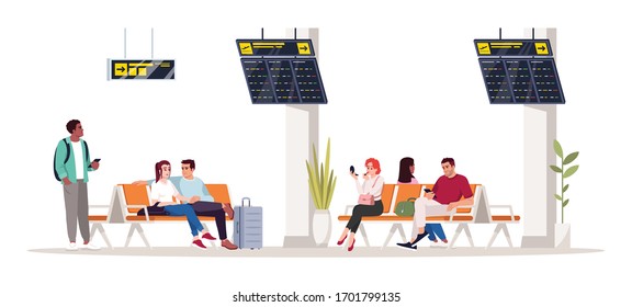 La gente espera la ilustración de vector de color RGB semiplano. Mujer sentada en silla en el vestíbulo. Hombre en la terminal del aeropuerto. Pasajeros de avión aislados caricaturistas de fondo blanco