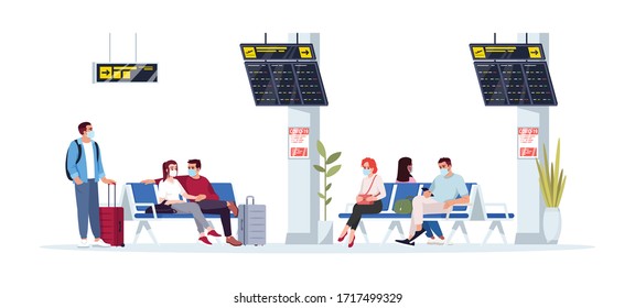 People wait for flight semi flat RGB color vector illustration. Woman sit in lobby. Man in airport terminal. Airplane passengers in medical masks isolated cartoon character on white background